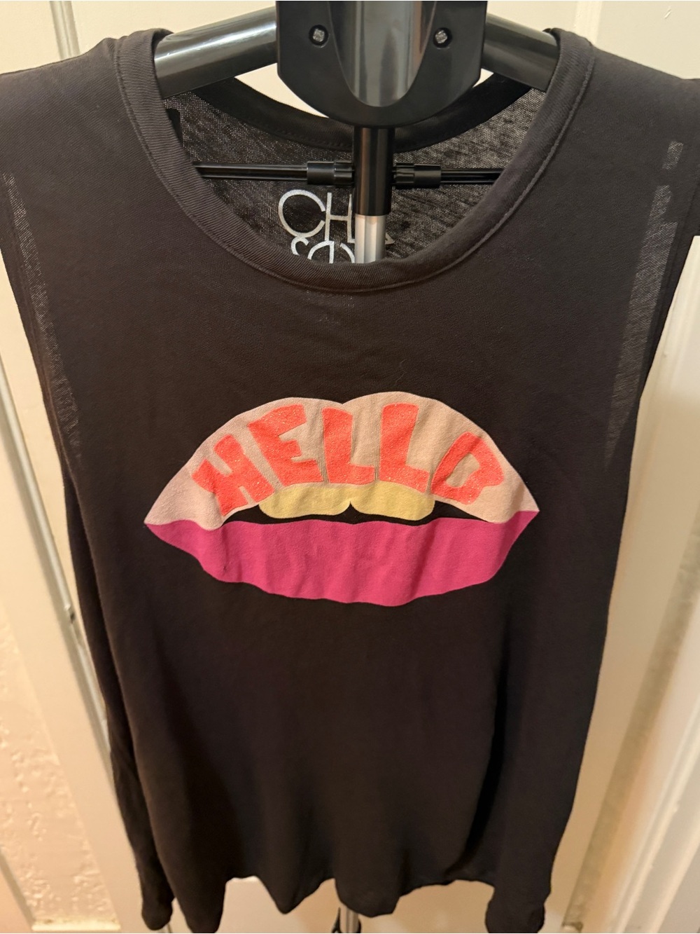 Chaser Black Muscle Tee with 'HELLO' Lip Graphic in Pink and Coral